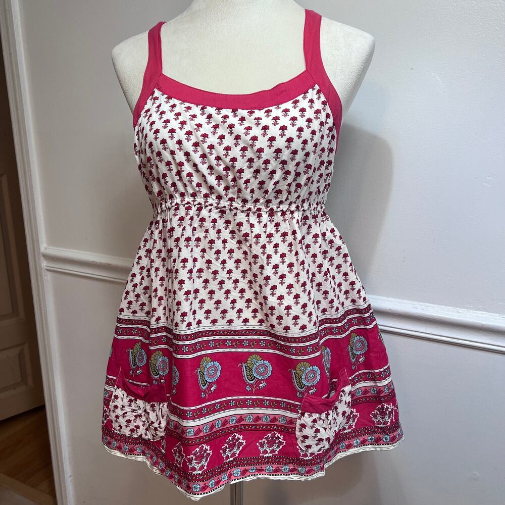 Flowers by Zoe Cotton Floral Babydoll Tunic Top Large Pink Boho Pockets